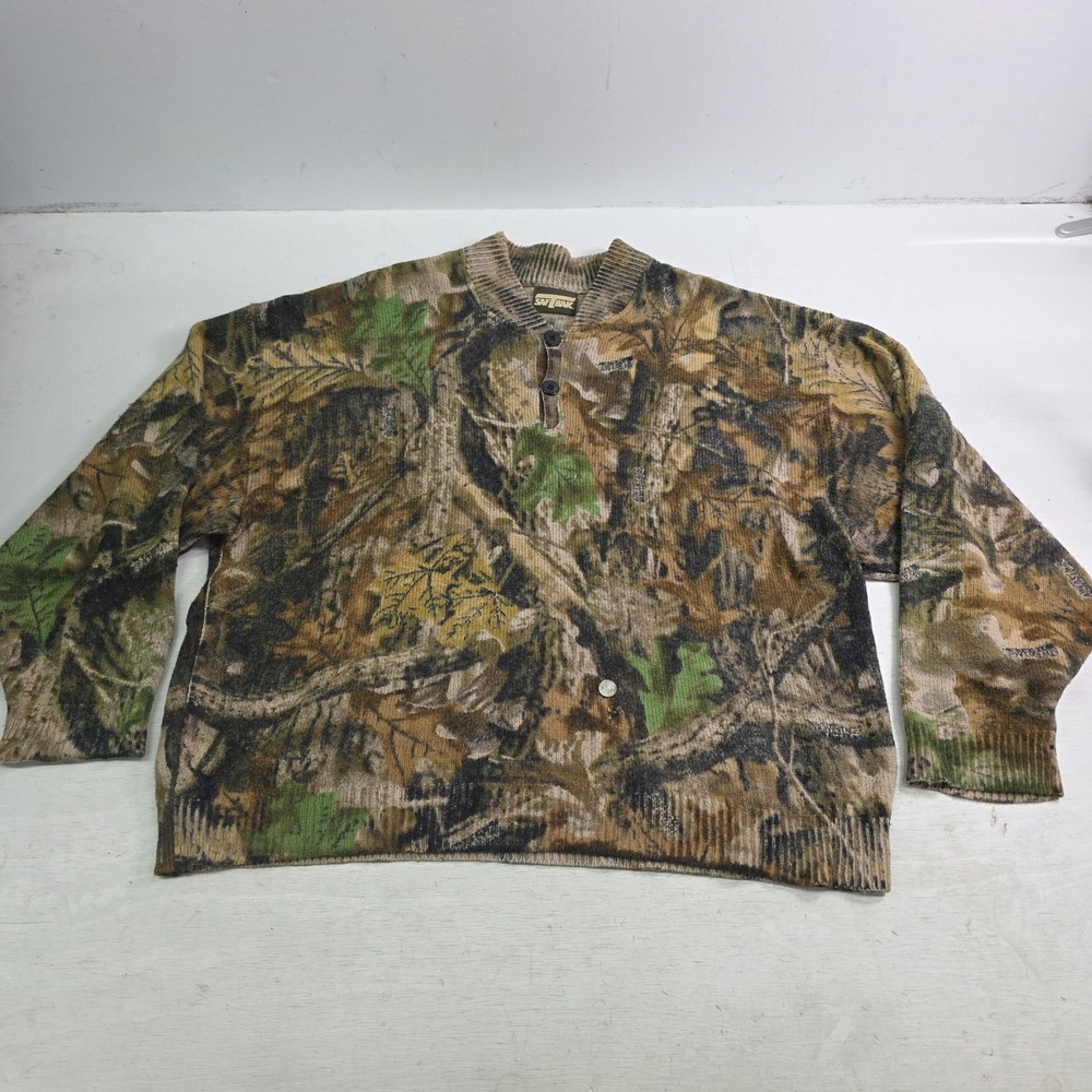 Vintage Advantage Timber SafTBak Camouflage Hunting 15% Wool Sweater Men XL Hole